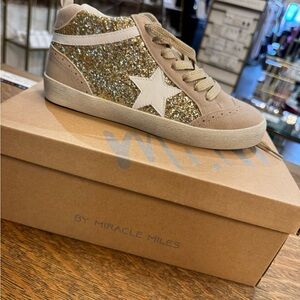 Miracle Miles Golden Goose inspired Women's Glitter Sneakers - Gold and Beige